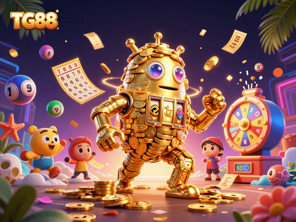 Engage in thrilling games at TG88 with vibrant lottery balls and a dazzling golden golem.
