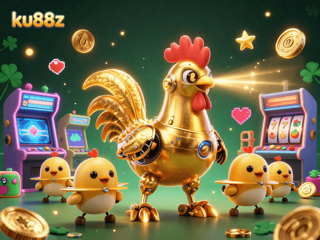Play slots and engage with ku88z's vibrant, dynamic casino scene featuring golden rooster robot and colorful game elements.