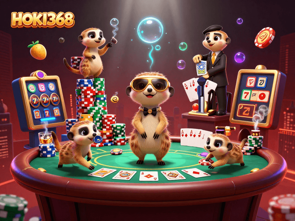 Engage with HOKI368 casino action featuring meerkats in a vibrant, dynamic gaming scene