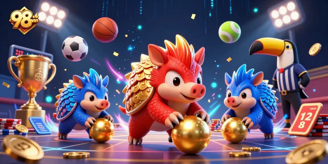 98win pangolins bowling through poker chips in a vibrant casino illustration