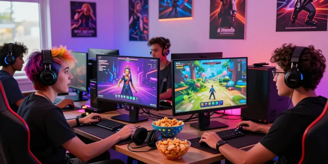 Engaged gamers enjoying trans porn games featuring trans protagonists in a vibrant gaming room, showcasing diversity and community.