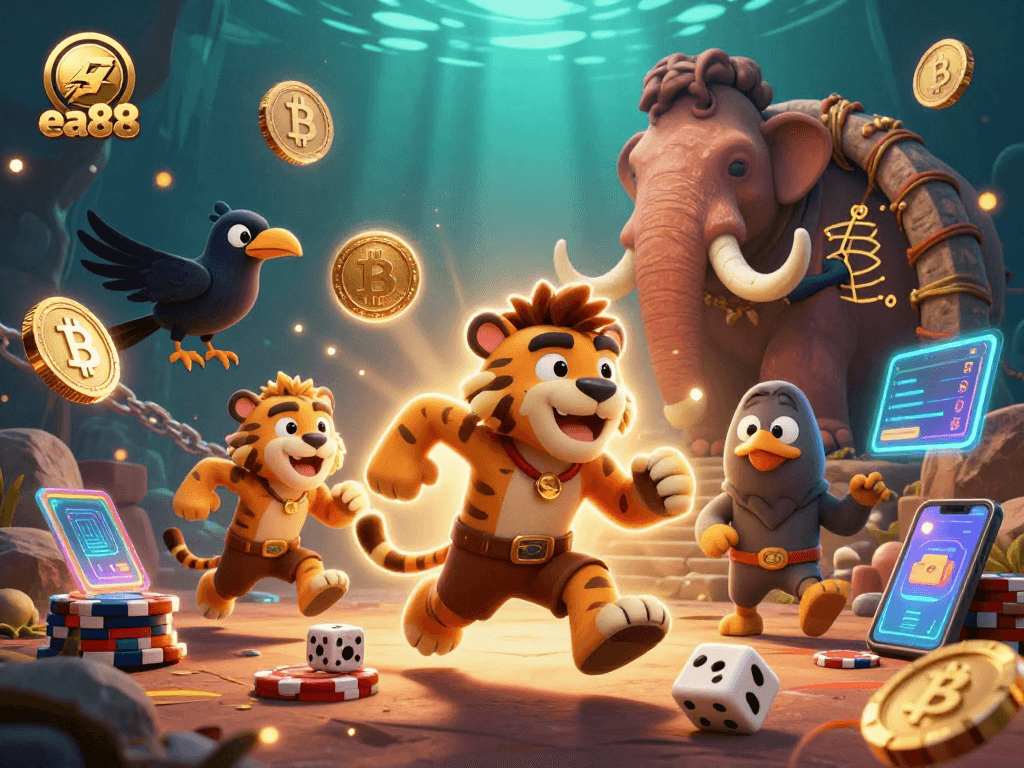 Engage with exciting gaming moments at ea88, featuring a vibrant prehistoric casino scene.