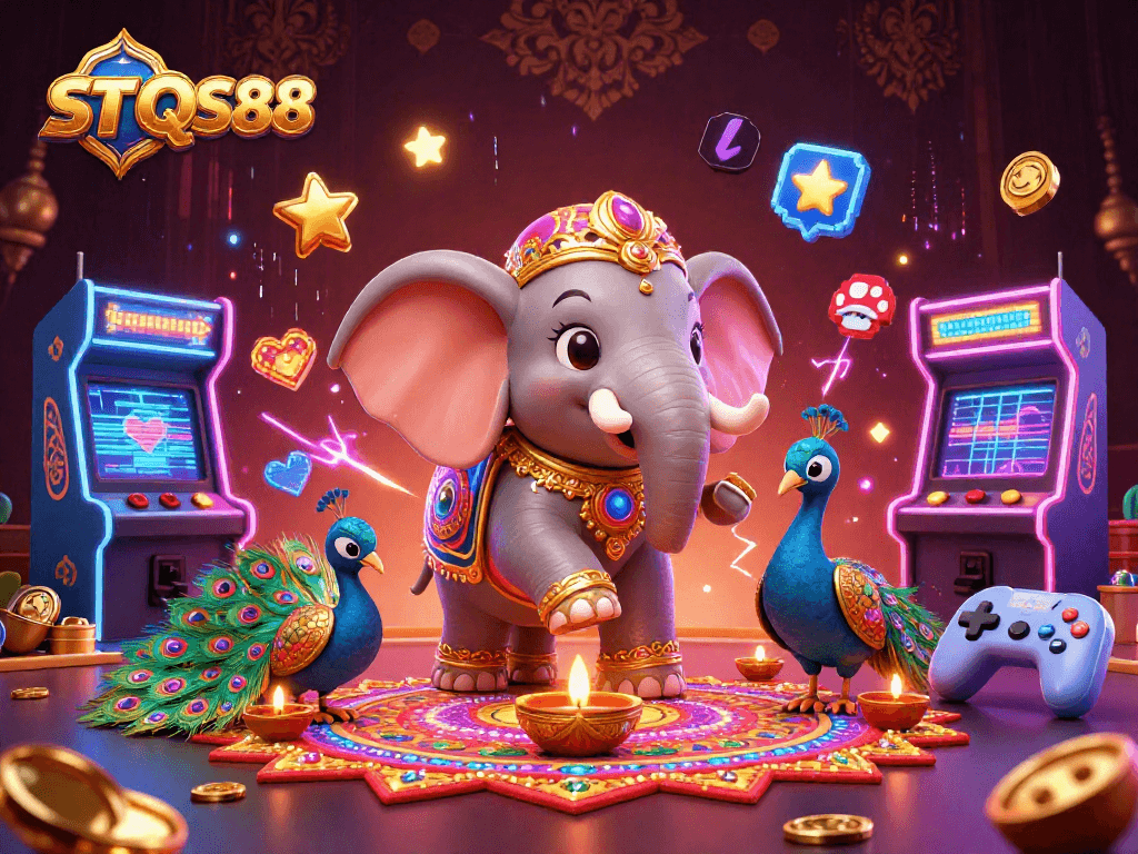 Win big with ST QS88 in a vibrant 3D casino-themed illustration featuring an elephant and peacock.
