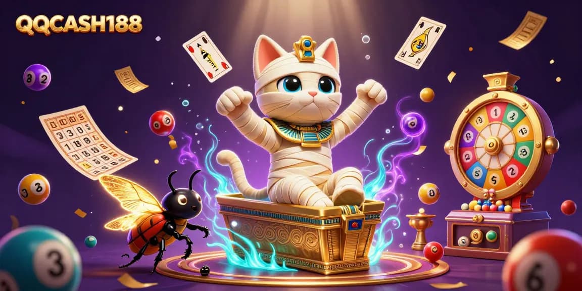 Experience the magic of QQCASH188 with vibrant lottery elements and a dynamic Egyptian theme.