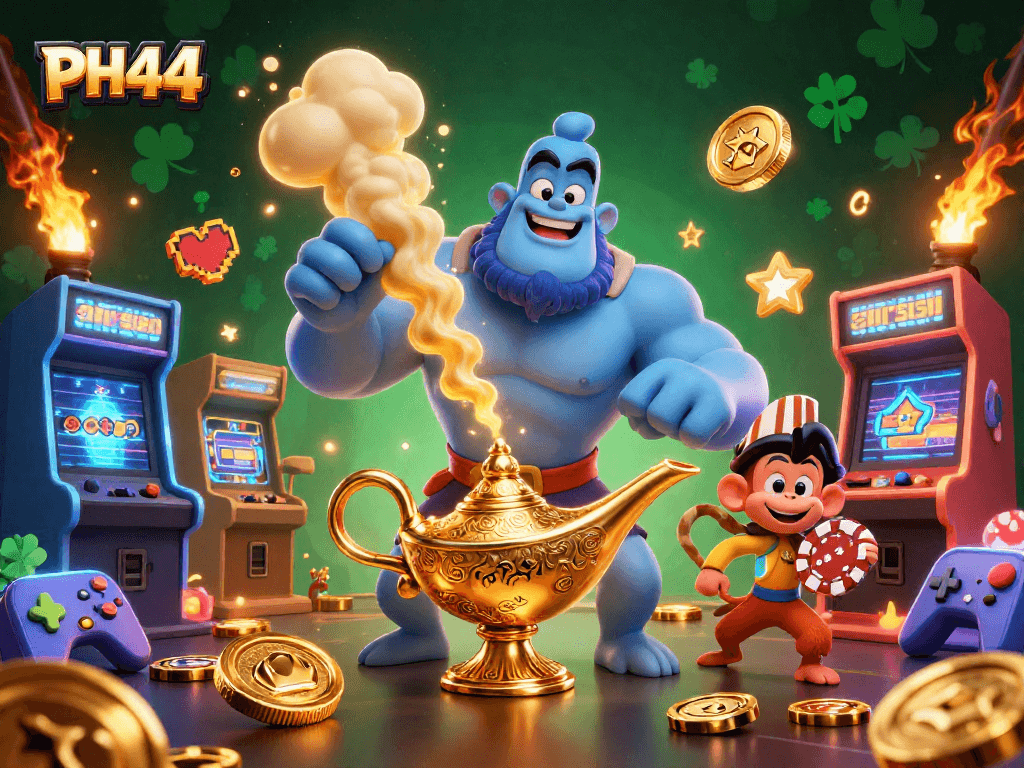Experience the thrill of PH44 with a cartoon genie and vibrant casino elements in this dynamic illustration.