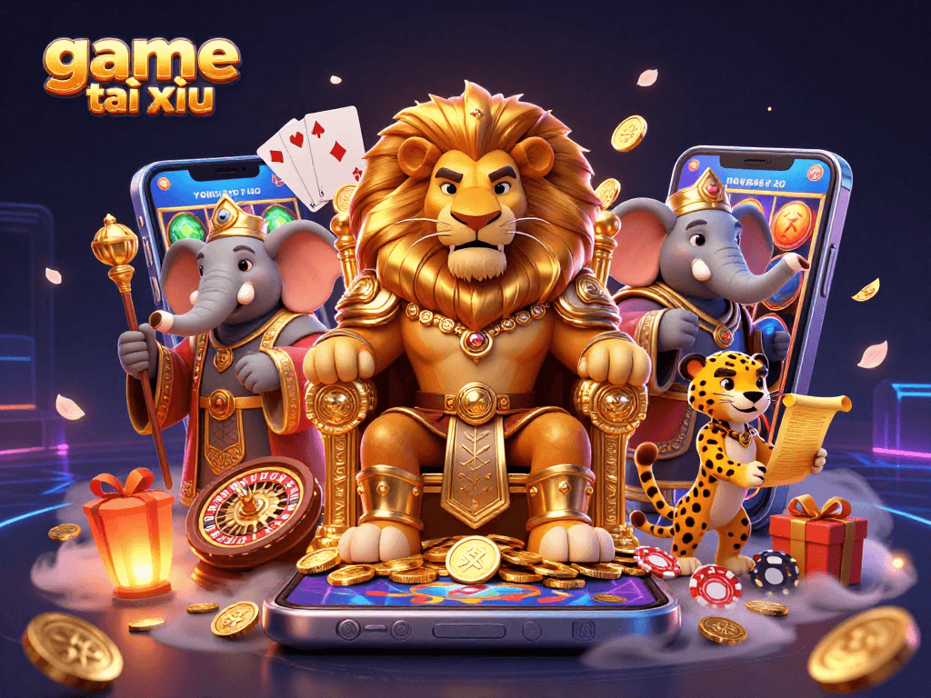 Engage in thrilling game tài xỉu with a fierce lion king and glamorous casino elements illustrating excitement.