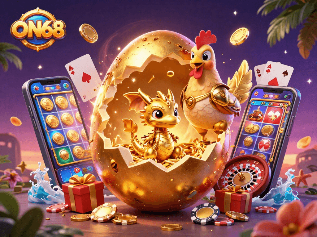 Engage with ON68's rich casino experiences featuring a golden dragon and vibrant gaming elements.
