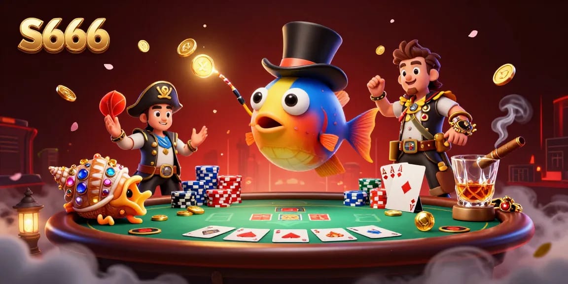 S666 showcases an exciting casino scene with deep-sea characters attracting coins amidst poker elements and vibrant visuals.