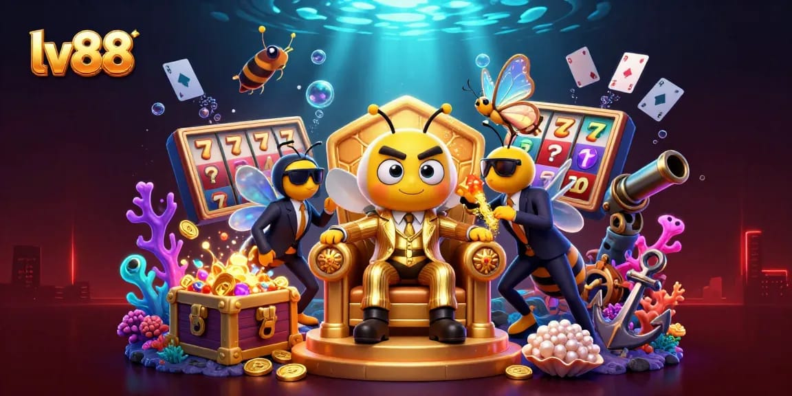 Experience the excitement of lv88 with dynamic slot reels, surrounded by vibrant casino elements and characters.