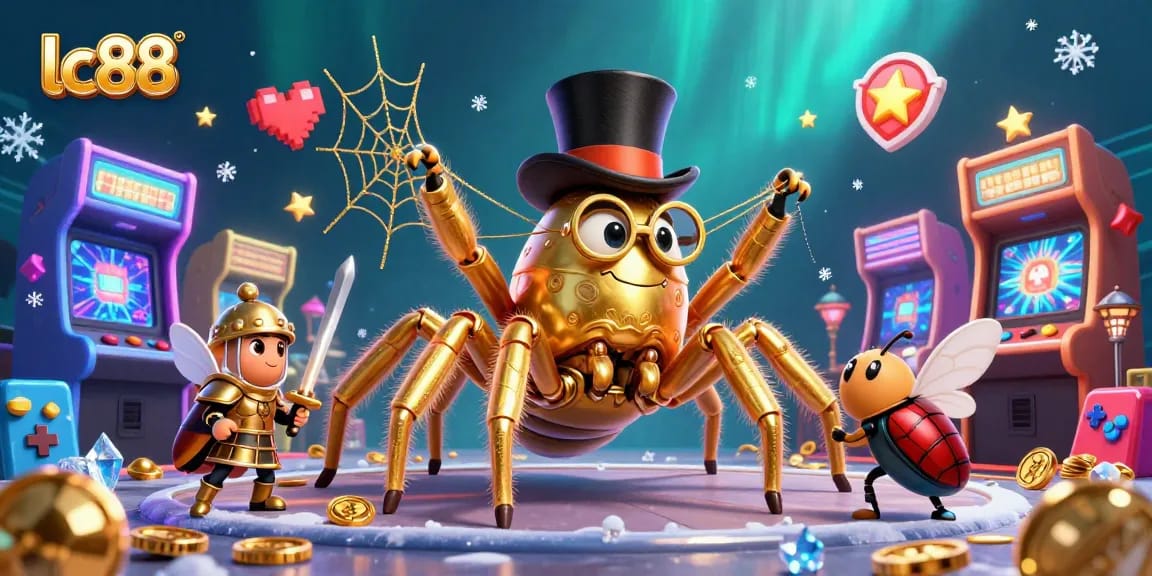 Engage in thrilling gameplay at lc88 while witnessing golden tarantulas and brave beetle knights amidst a vibrant casino scene.