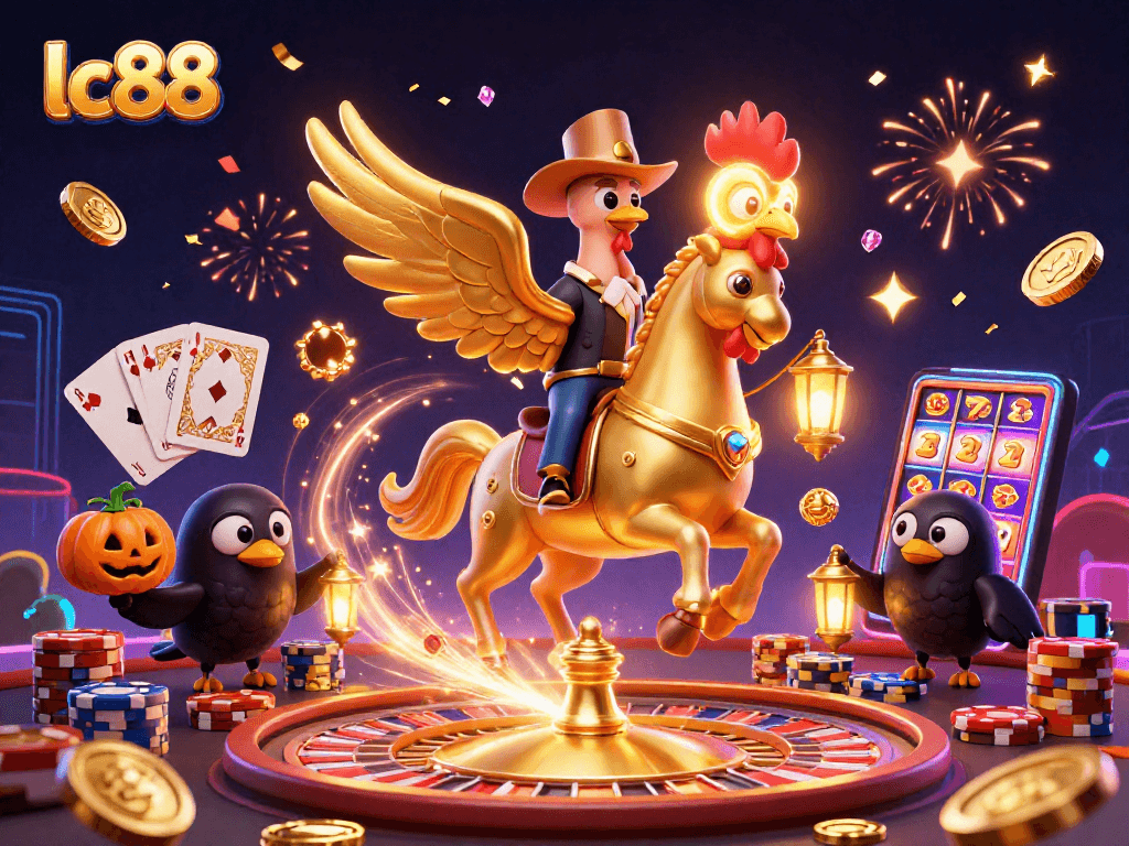 Experience the thrill of lc88 as a golden rooster rides through a dazzling casino.