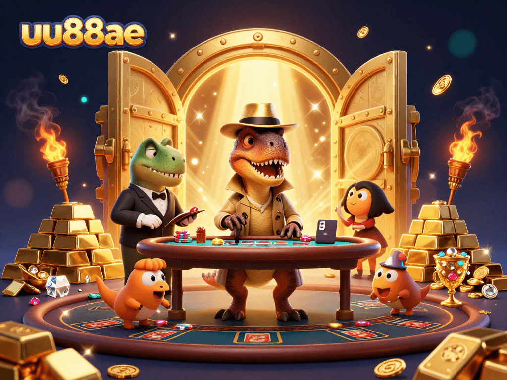 Experience thrilling gameplay with uu88ae's vibrant casino scene featuring characters at a blackjack table.