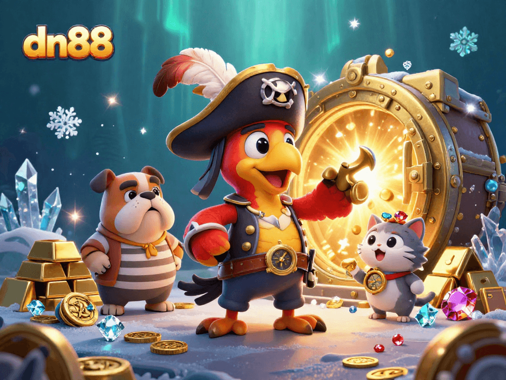 Engage in thrilling adventures with dn88's spectacular treasure vault, showcasing a pirate captain, bulldog, and cat in a rich casino underworld.