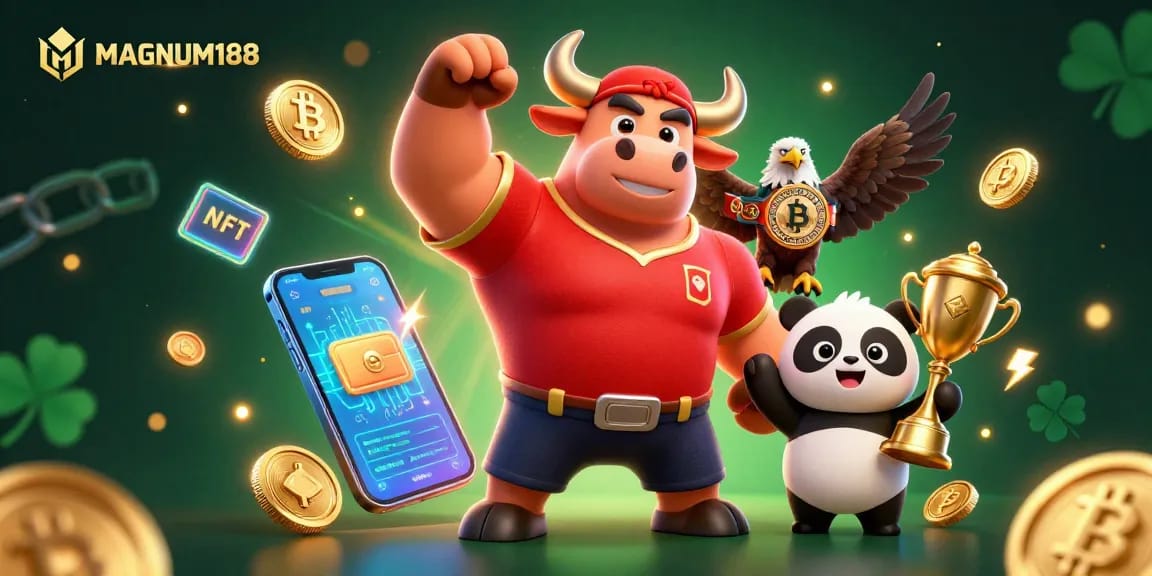 Engage with MAGNUM188, a thrilling online casino experience featuring a victorious bull mascot and crypto elements.