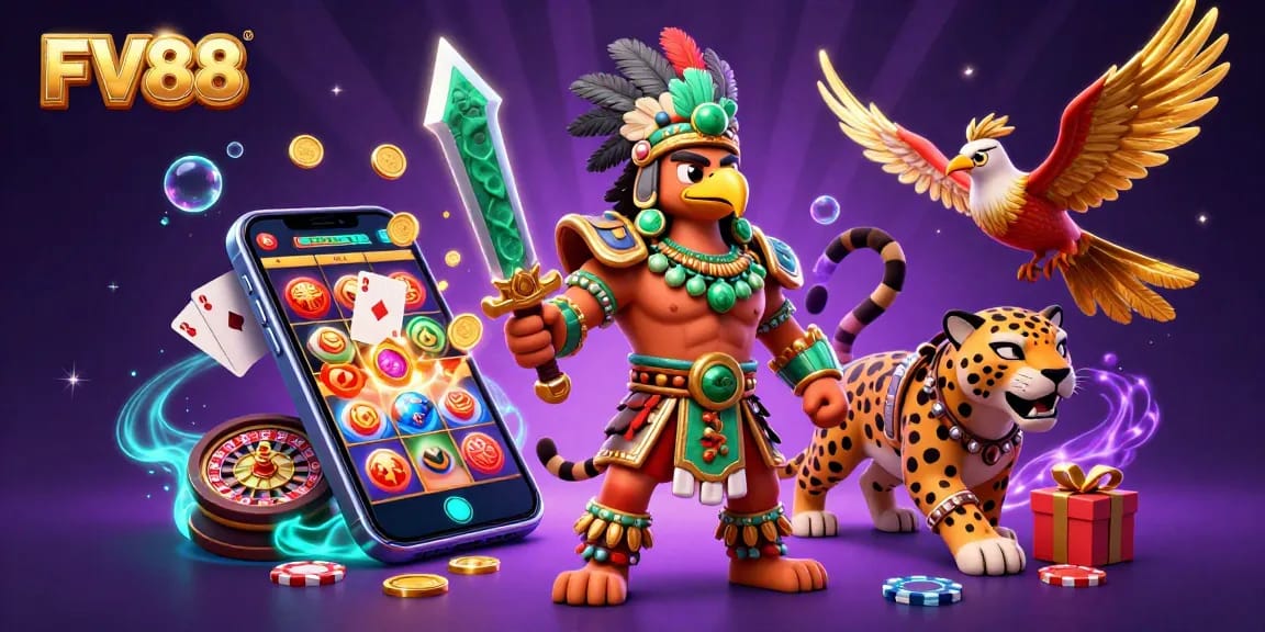 Experience the dynamic excitement of FV88 with a vibrant 3D casino scene featuring Aztec warriors and epic game elements.