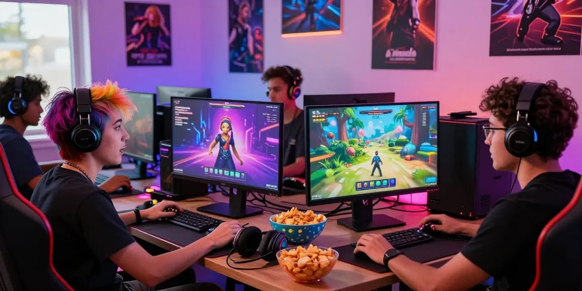Engaged gamers enjoying trans porn games featuring trans protagonists in a vibrant gaming room, showcasing diversity and community.