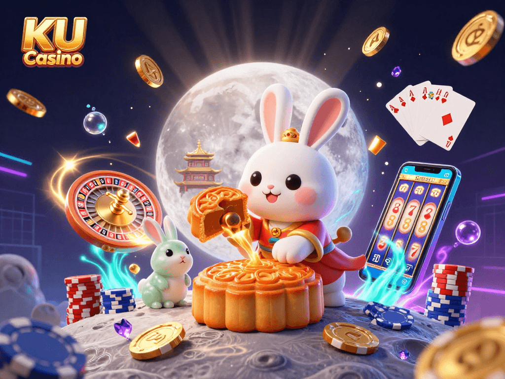 Engage in excitement with KU Casino's dynamic scene featuring a winning moon rabbit, golden coins, and poker rewards.