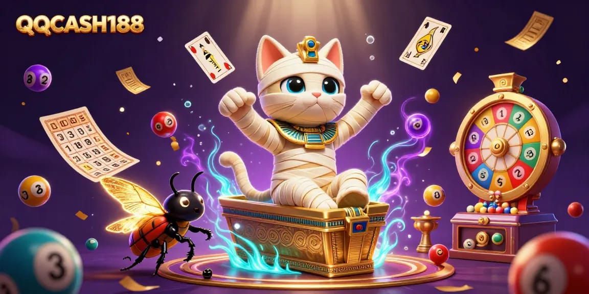 Experience the magic of QQCASH188 with vibrant lottery elements and a dynamic Egyptian theme.