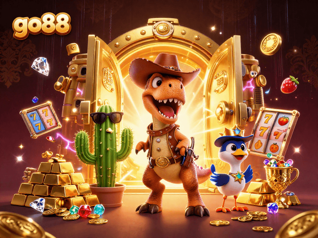 Experience the thrill of go88 with a T-Rex, cactus, and roadrunner celebrating jackpot triumphs.