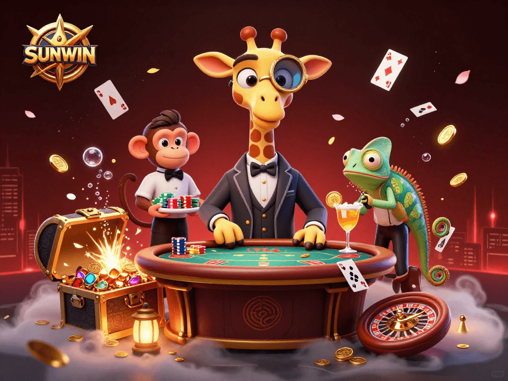 SUNWIN casino illustration featuring a high-rolling giraffe, monkey valet, and chameleon bartender amidst vibrant gaming elements.