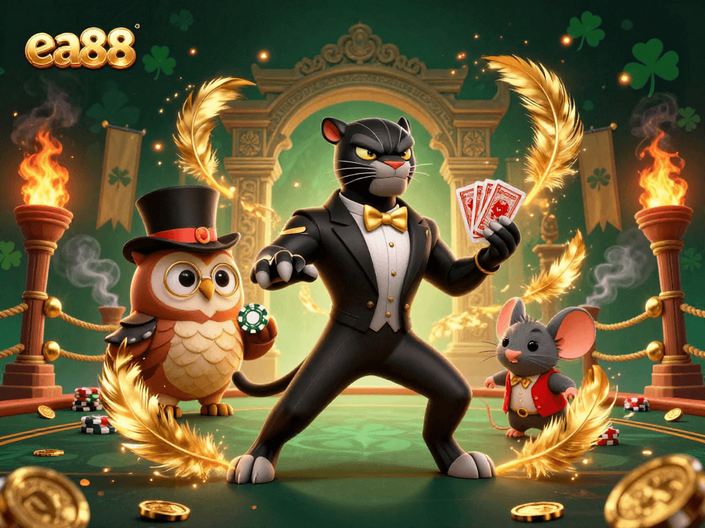 ea88 characters engaging in a dynamic card game with a stylish panther, a wise owl, and a lucky mouse.