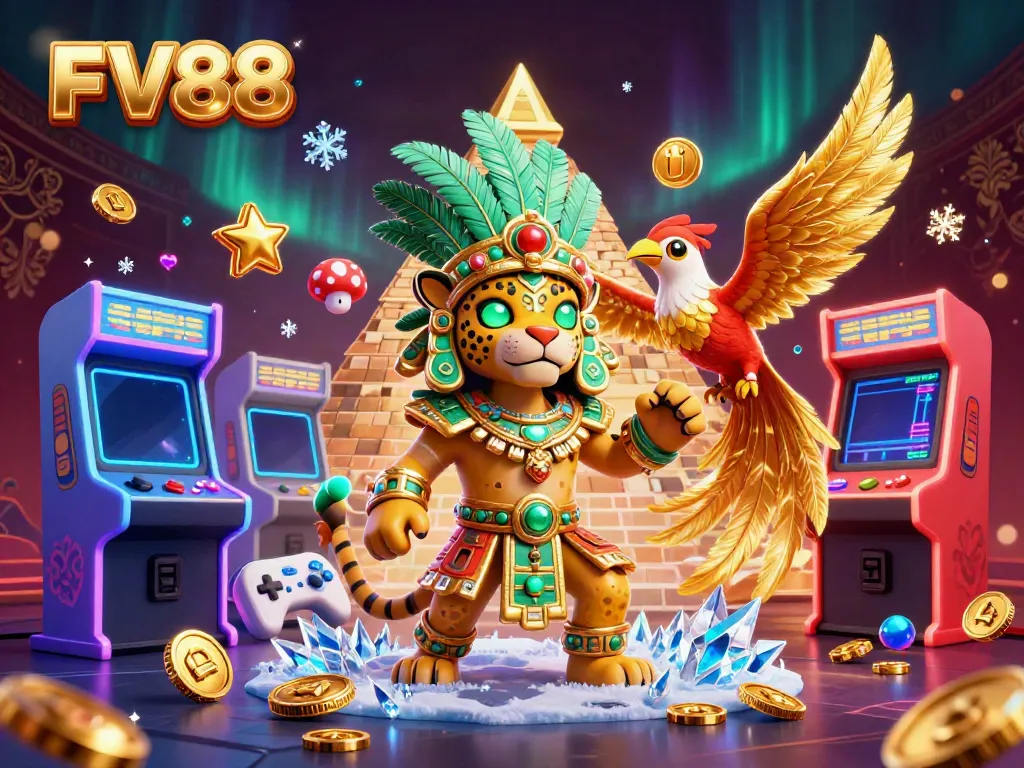 Engage with FV88 through this vibrant 3D casino scene filled with dynamic game elements and characters.