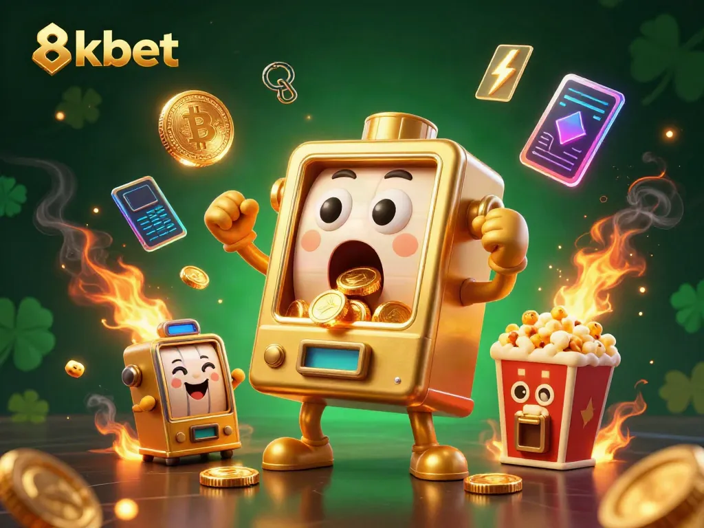 The 8kbet slot machine celebrates a jackpot while Bitcoin coins and vibrant elements surround it, showcasing excitement.