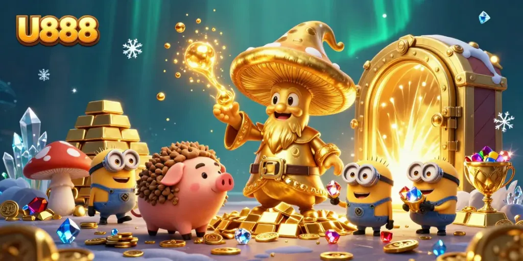 Experience the magic of U888 with treasure-filled wizardry in a vibrant casino scene.