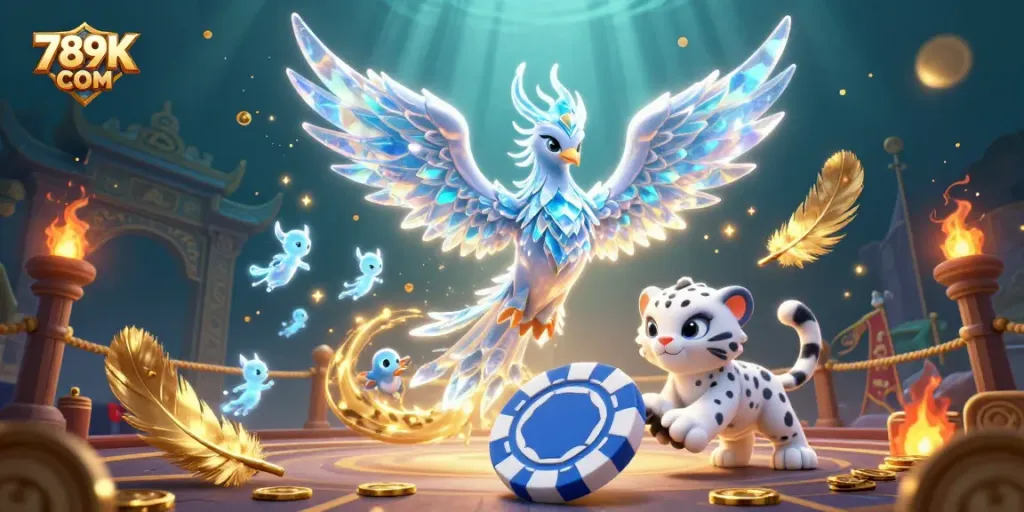Engage in thrilling gaming experiences at 789K COM with a colorful casino scene featuring a phoenix and exciting game elements.