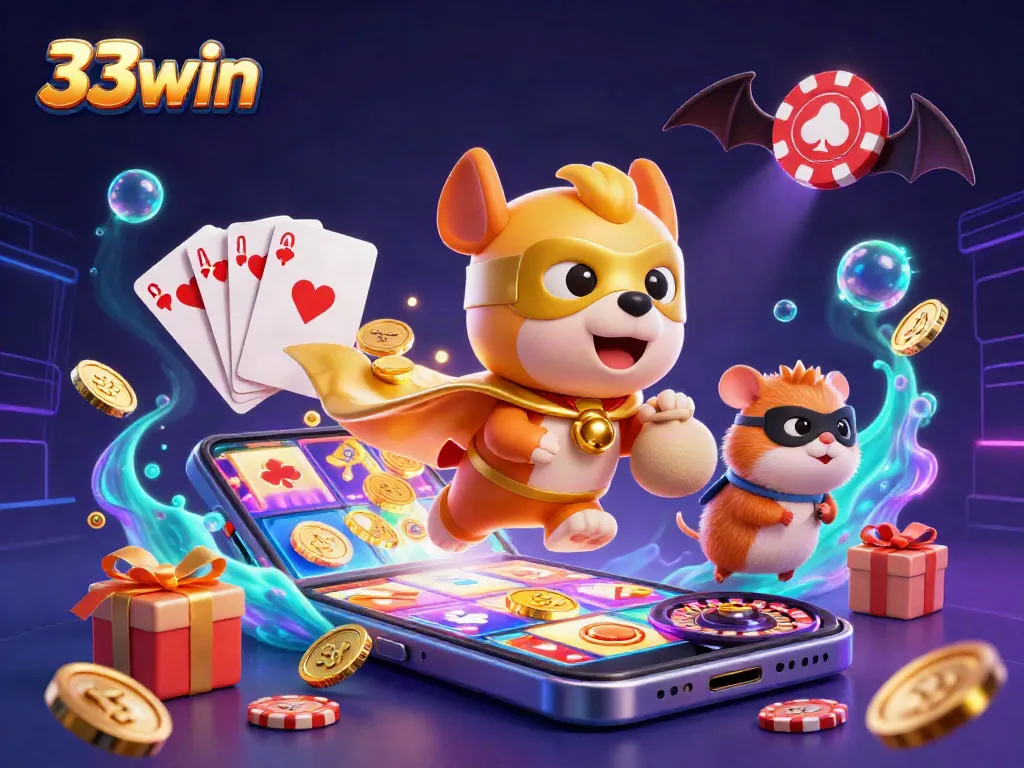 Experience the excitement at 33win with a superhero dog and hamster amidst vibrant gaming elements.