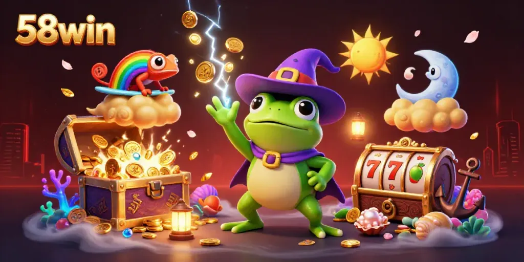 Experience gaming excitement with 58win as golden coins spin from a wizard's storm.