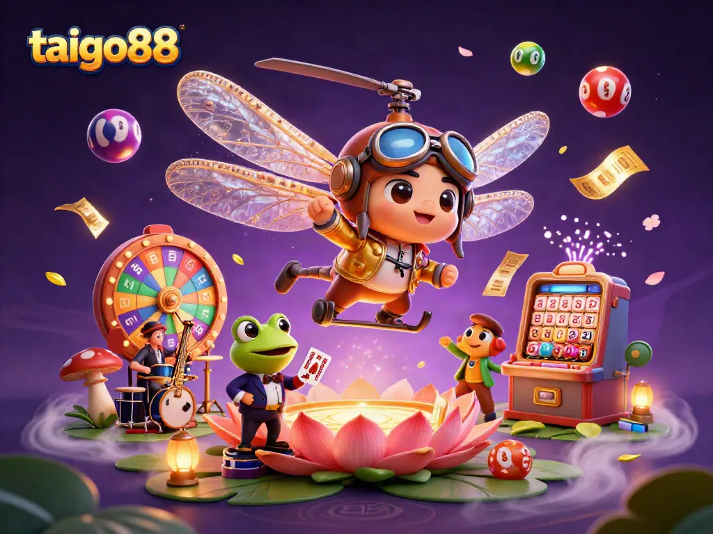 Play the lottery at taigo88 with a dragonfly pilot and frog croupier in a vibrant casino scene.