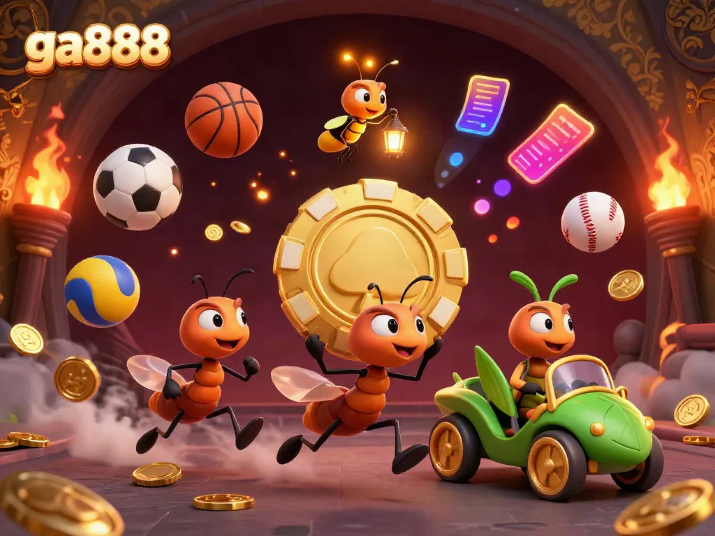 Experience thrilling action with ga888 as ants escape with a giant poker chip in this vibrant casino illustration.