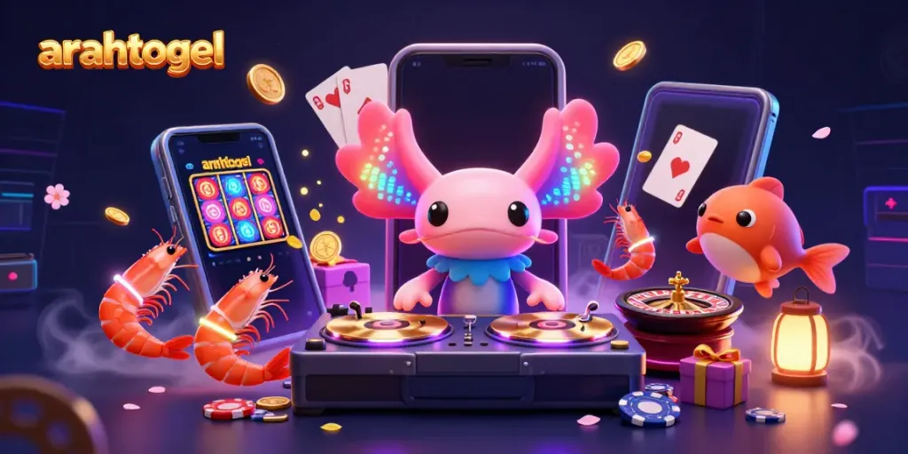 Spin golden reels with arahtogel while a neon DJ axolotl rocks the underwater casino party.