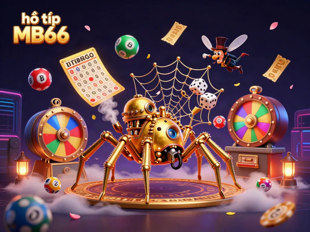 Engage with hỗ trợ MB66 through a dynamic illustration showcasing a golden spider catching dice amidst vibrant lottery games.