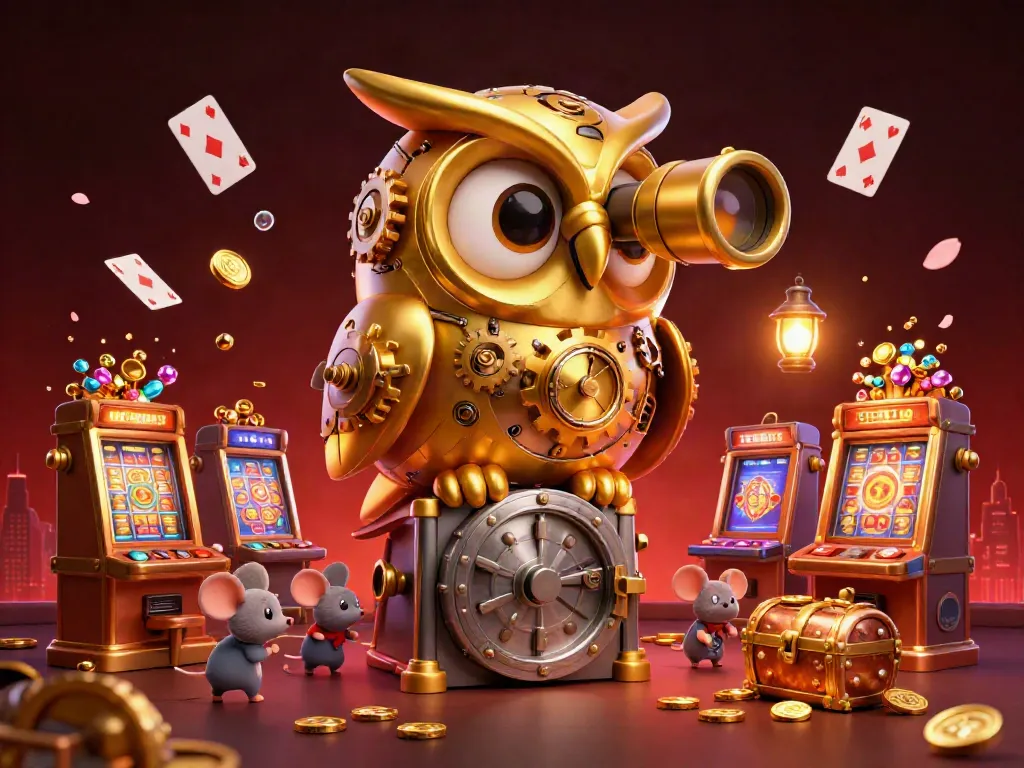 Engage in thrilling casino adventures with xoso66 and a clockwork owl amidst vibrant gambling elements.