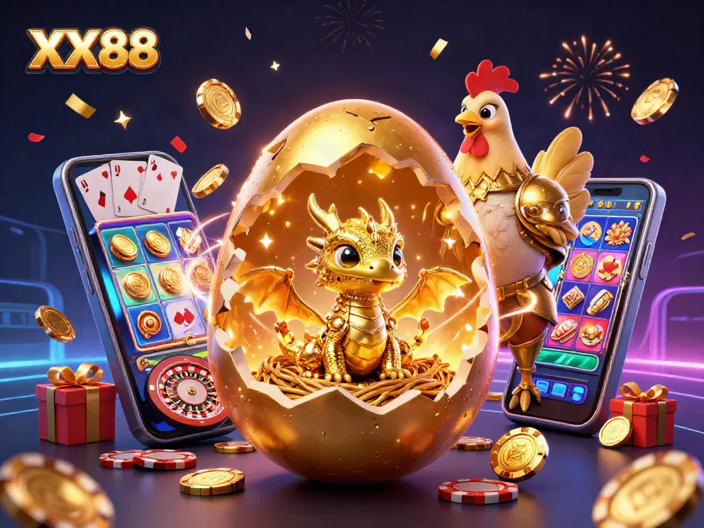 Engage with an exciting XX88 gaming experience featuring a golden baby dragon and poker chips.