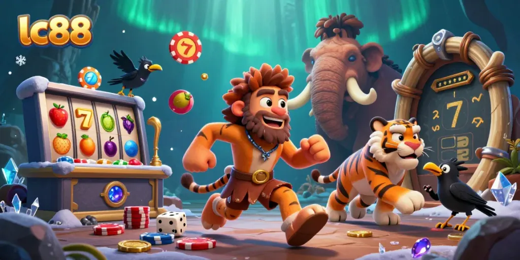 Experience the excitement of lc88 in a vibrant prehistoric casino with lively slot machines and engaging characters.