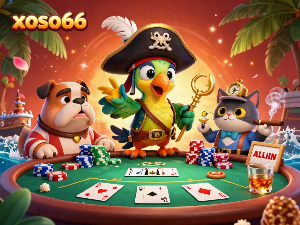 Experience thrilling poker action with xoso66 in this vibrant 3D scene featuring a pirate captain and colorful chips.