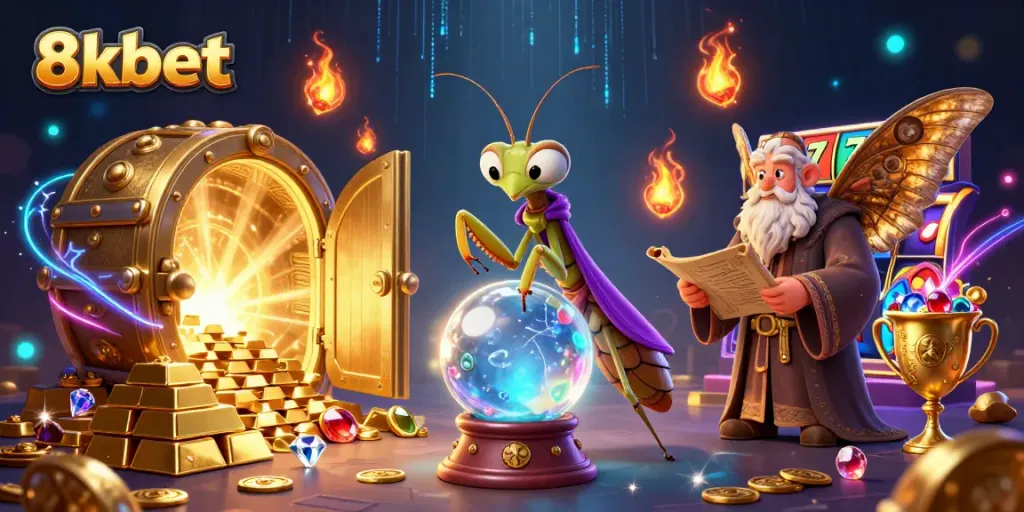Immerse in 8xbet's vibrant casino world with gold treasures, animated fortune tellers, and engaging gameplay.