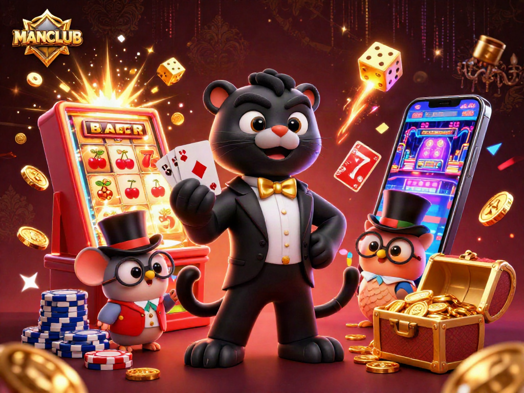MANCLUB showcases a stylish panther gracefully dealing cards amid vibrant casino elements.