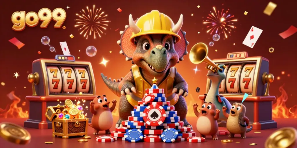 Experience the go99 casino excitement with a vibrant 3D scene of a triceratops building poker chips.