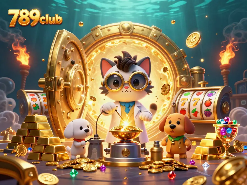 Experience the excitement of 789club with a dynamic 3D casino gaming scene filled with gold and treasures.