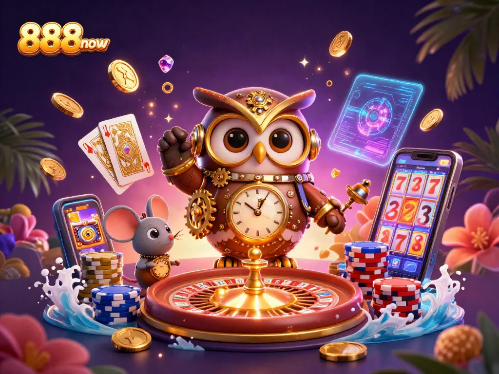 Experience the thrill of 888now with a time-traveling owl and casino wonders.