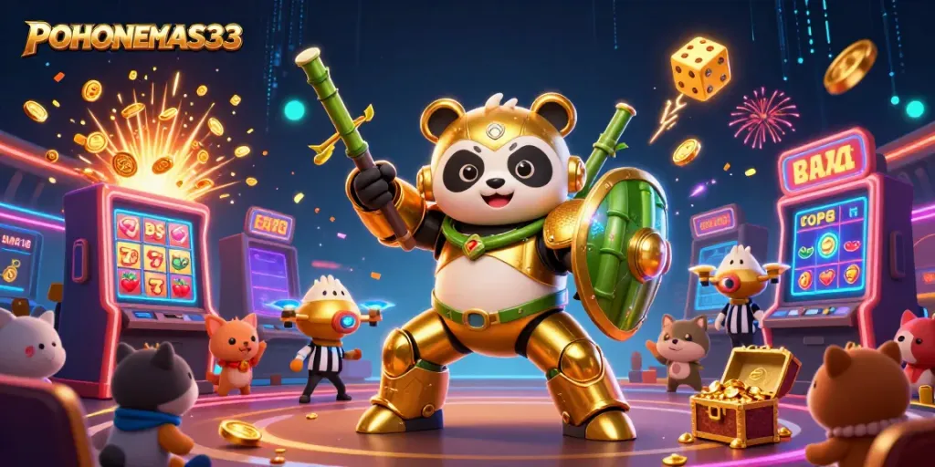 Pohonemas33 menunjukkan keseruan permainan slot dengan panda emas berrobot dan slot mesin yang pecah jackpot.