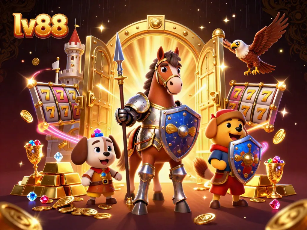 Engage with lv88's casino adventure as a knight and puppy amidst treasures and slot games!