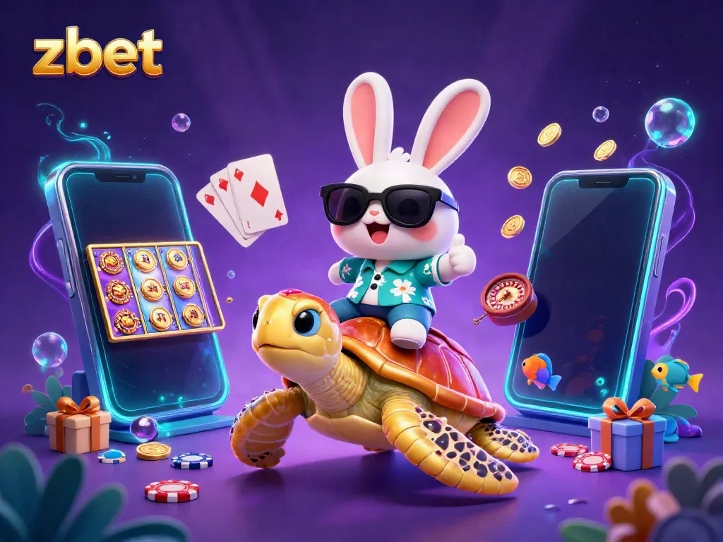 Zbet showcases a lucky rabbit and golden turtle in a vibrant casino scene with slots and jackpots.
