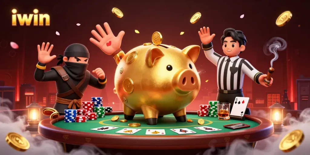 Win at iwin with a dynamic casino scene of a golden piggy bank, ninja, and samurai battling at a poker table.