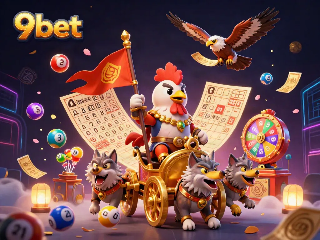 Win big with 9bet as a rooster warlord leads a thrilling lottery adventure in a vibrant scene.