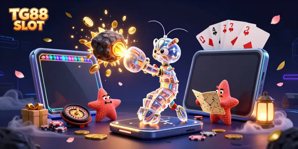 Engage with TG88 SLOT featuring a galactic samurai shrimp amidst exploding treasure, enhancing your gaming experience.